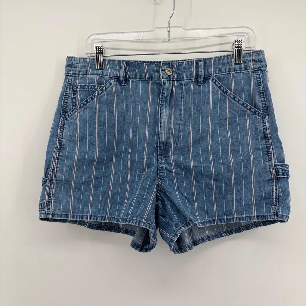 American Eagle Women 10 Blue Pinstripe 90s Boyfriend Shorts Highest Rise Utility